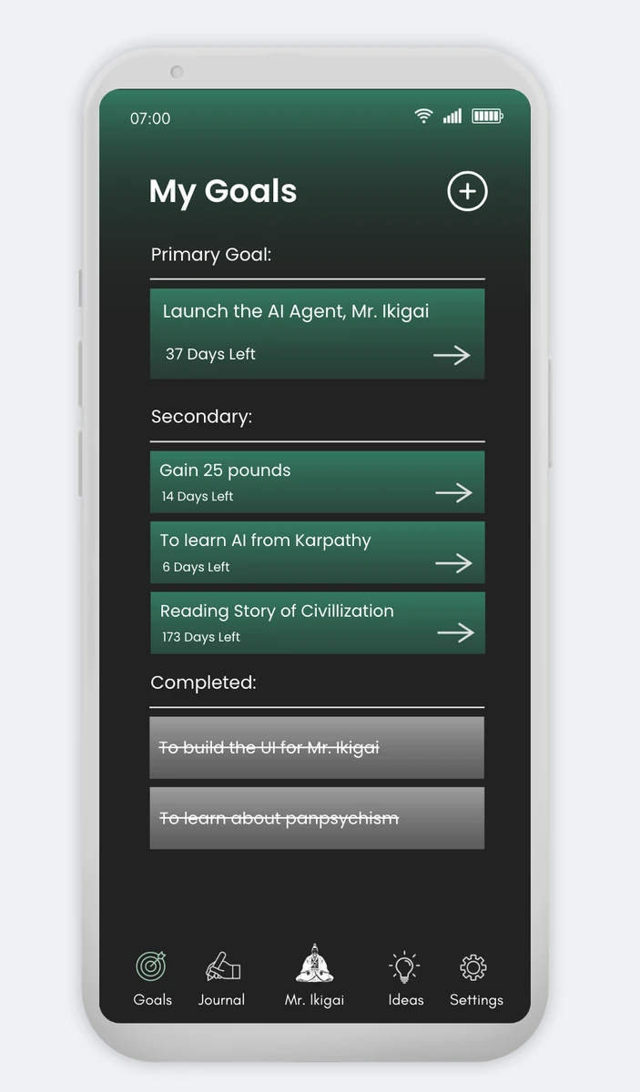 My Goals screen with primary and secondary goals