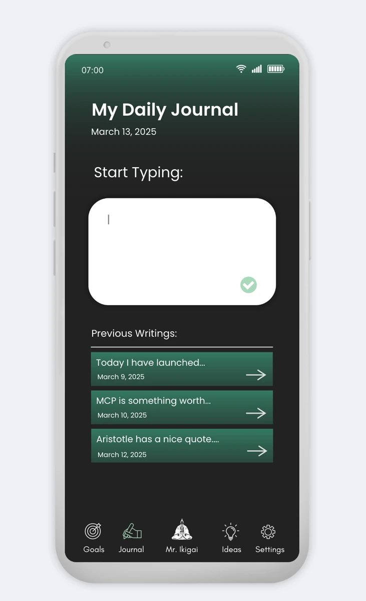My Daily Journal screen with previous writings