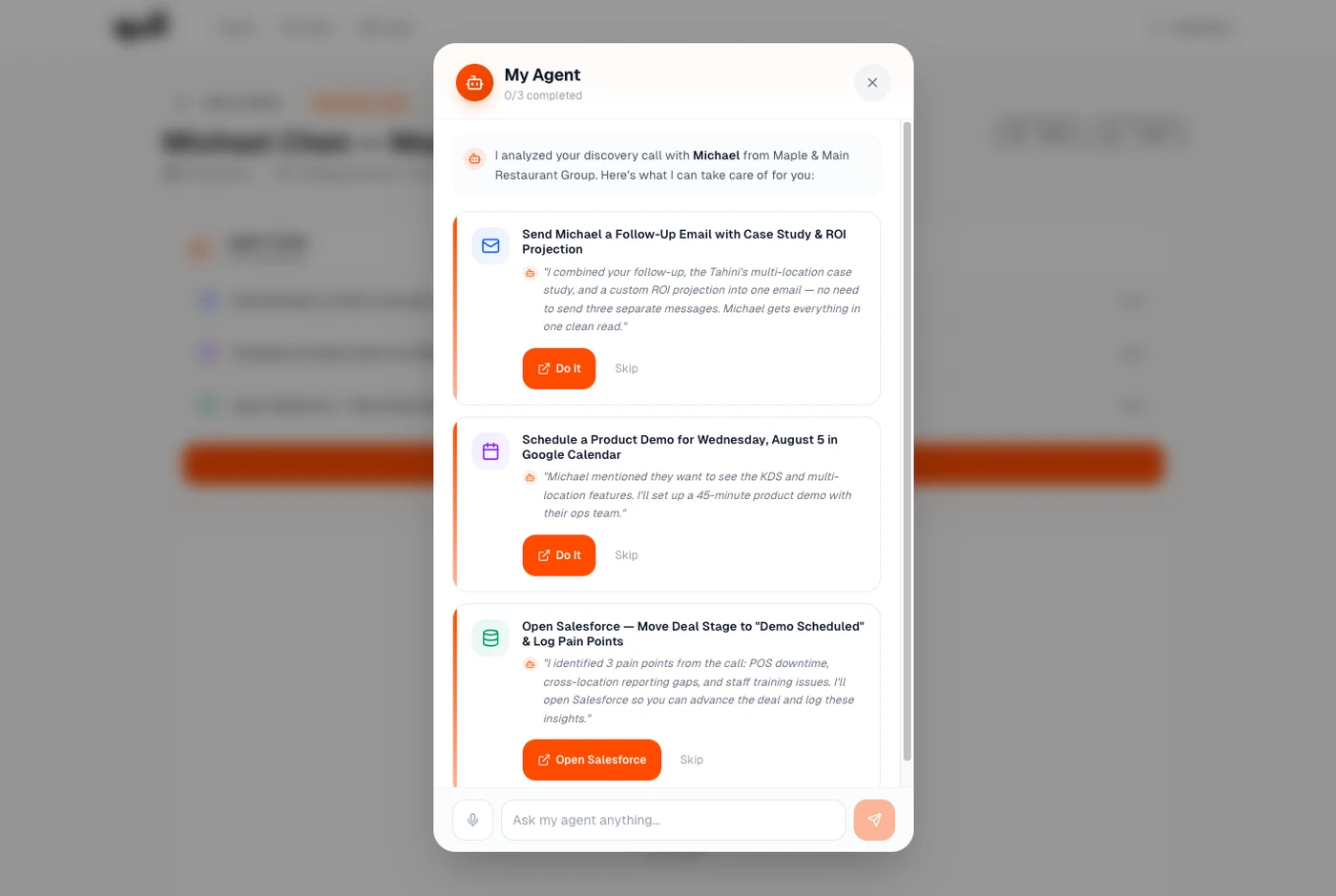 Agent panel drafting follow up emails, scheduling demos and updating Salesforce