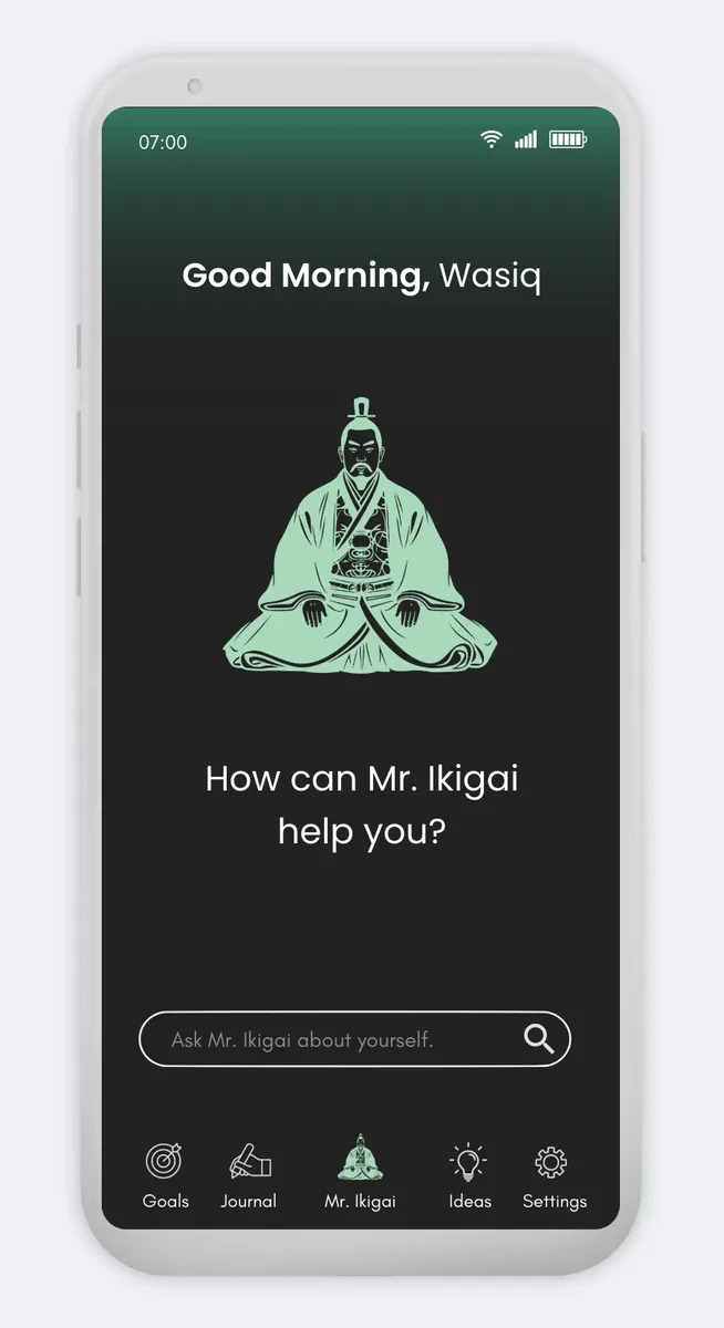 Mr. Ikigai greeting Wasiq on its home screen